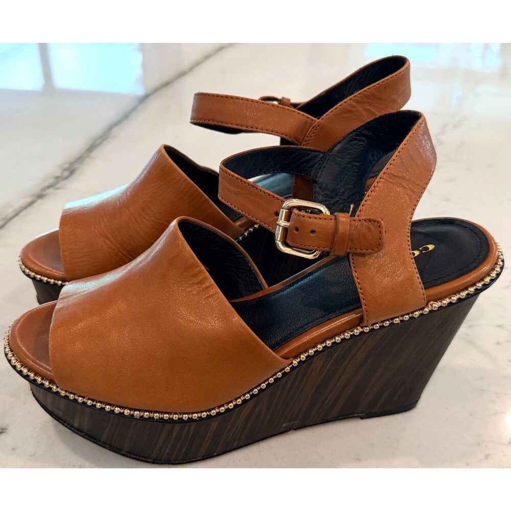 Coach Harla Platform Leather Wedges Bead Trim Sandals Cognac SZ 7.5B Ankle Strap